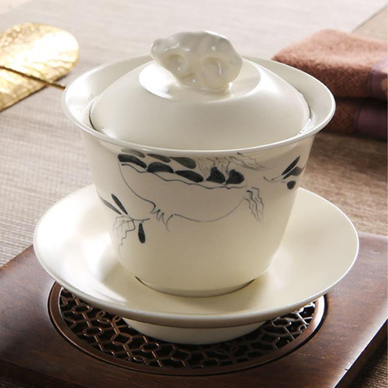 Handbemalte Keramik-Gaiwan-Teetasse mit Deckel, 200 ml | Zen-Dekor