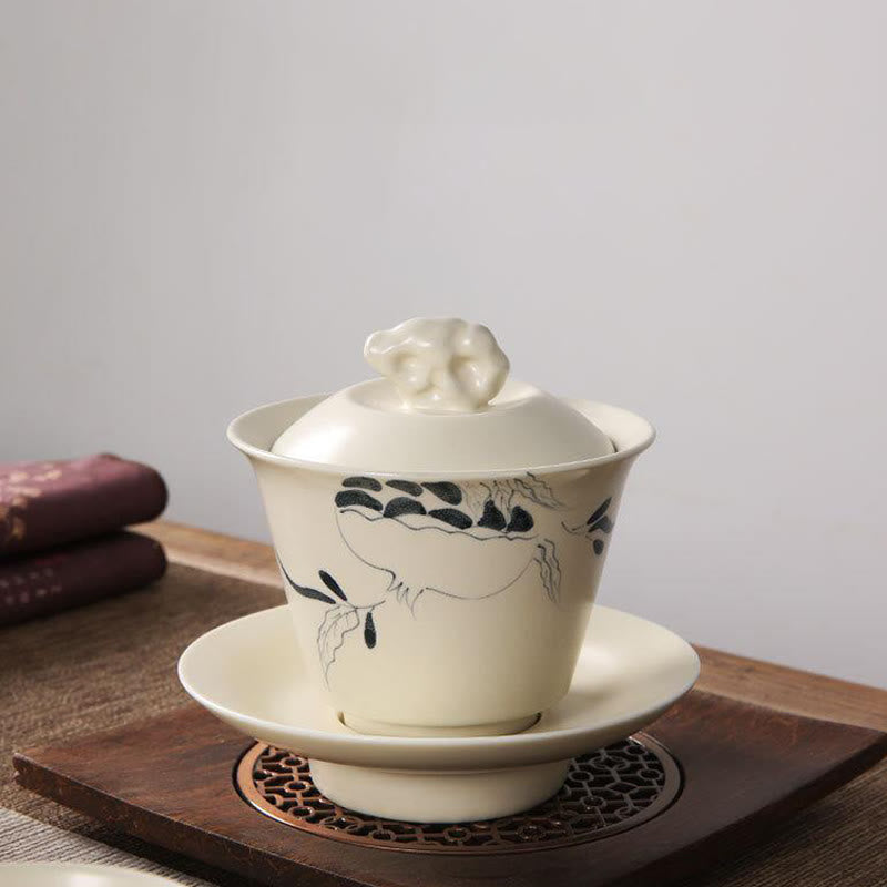 Handbemalte Keramik-Gaiwan-Teetasse mit Deckel, 200 ml | Zen-Dekor