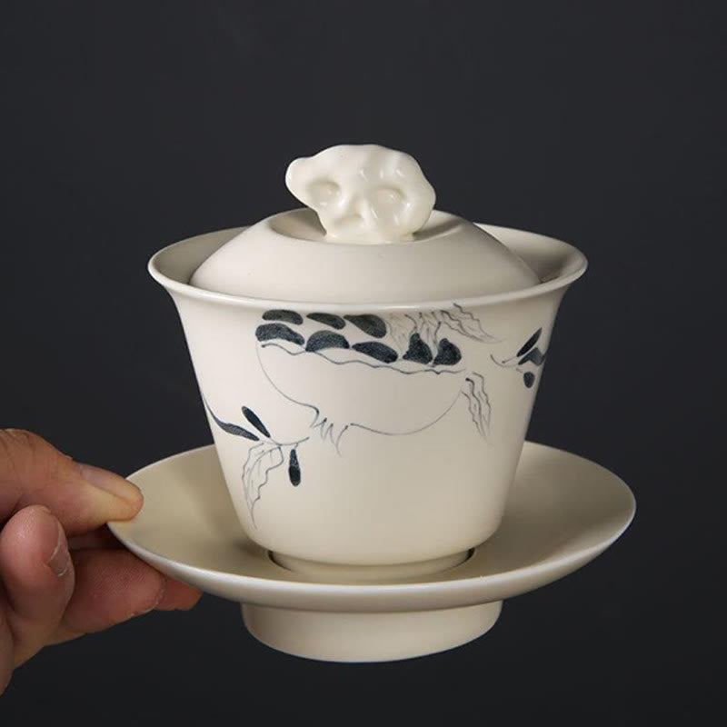Handbemalte Keramik-Gaiwan-Teetasse mit Deckel, 200 ml | Zen-Dekor