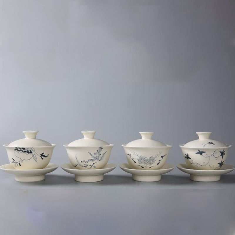 Handbemalte Keramik-Gaiwan-Teetasse mit Deckel, 200 ml | Zen-Dekor