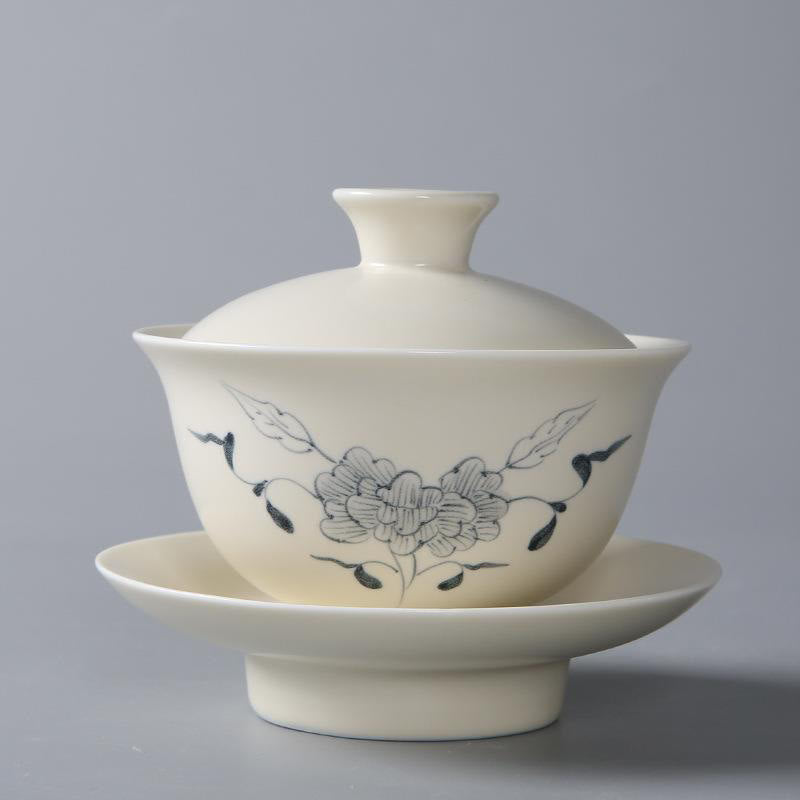 Handbemalte Keramik-Gaiwan-Teetasse mit Deckel, 200 ml | Zen-Dekor
