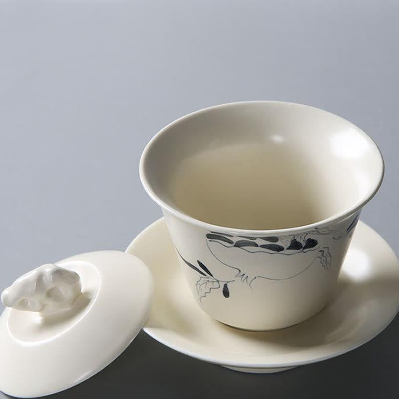 Handbemalte Keramik-Gaiwan-Teetasse mit Deckel, 200 ml | Zen-Dekor