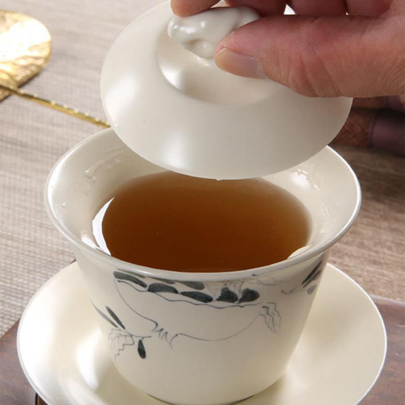 Handbemalte Keramik-Gaiwan-Teetasse mit Deckel, 200 ml | Zen-Dekor