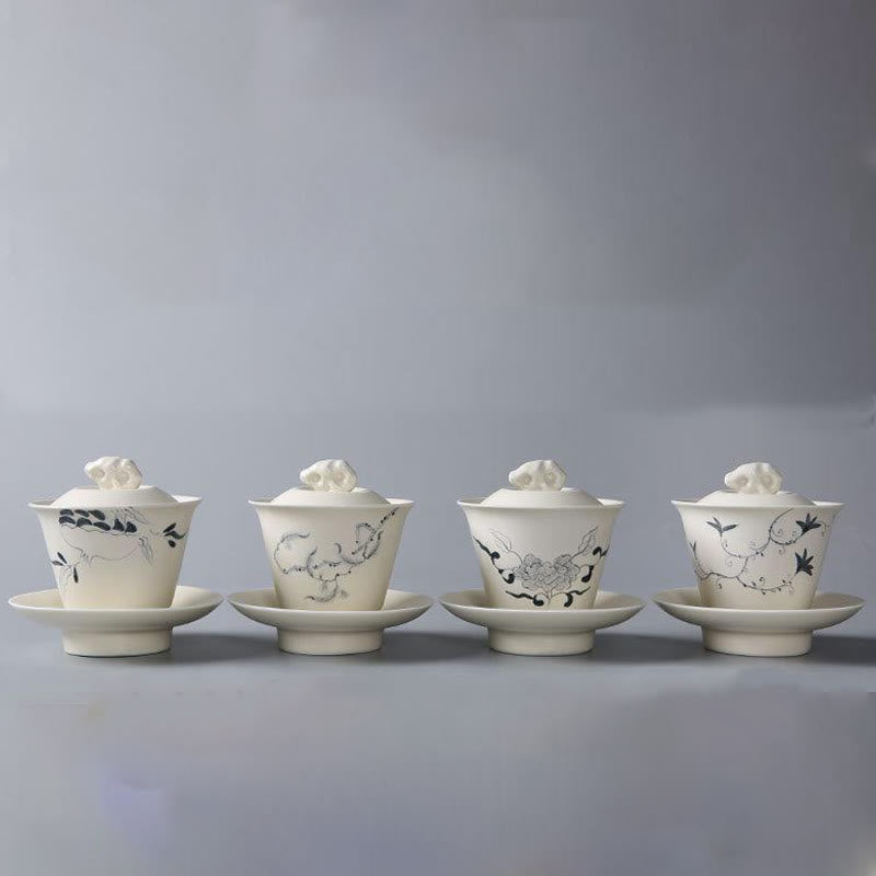 Handbemalte Keramik-Gaiwan-Teetasse mit Deckel, 200 ml | Zen-Dekor