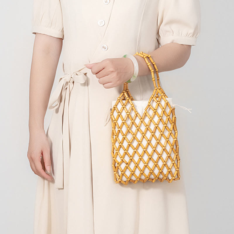 Handgewebte Netztasche mit hohlen Holzperlen | Spiritueller Schmuck