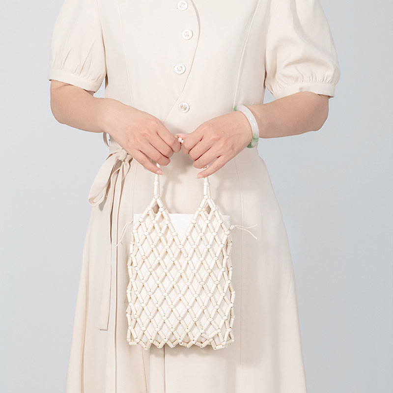 Handgewebte Netztasche mit hohlen Holzperlen | Spiritueller Schmuck