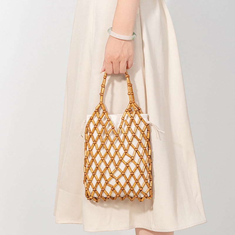 Handgewebte Netztasche mit hohlen Holzperlen | Spiritueller Schmuck