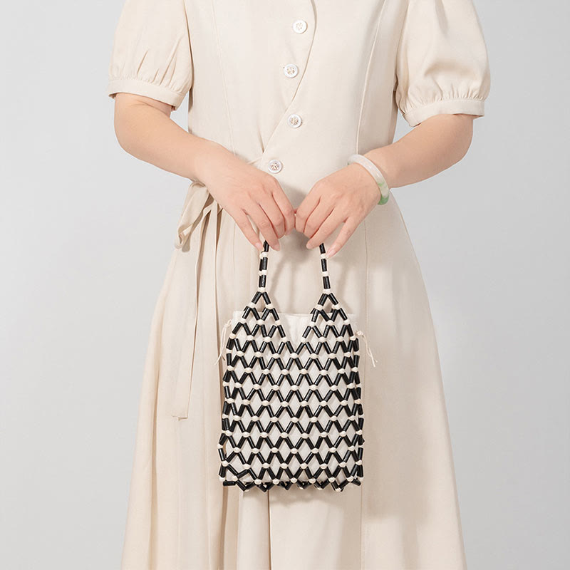 Handgewebte Netztasche mit hohlen Holzperlen | Spiritueller Schmuck