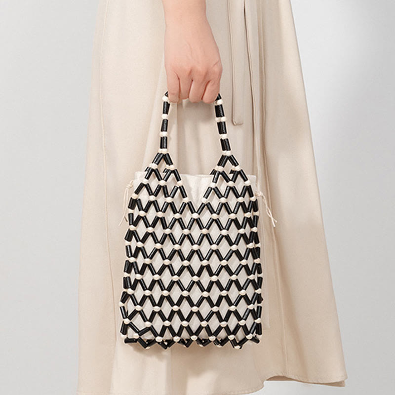 Handgewebte Netztasche mit hohlen Holzperlen | Spiritueller Schmuck