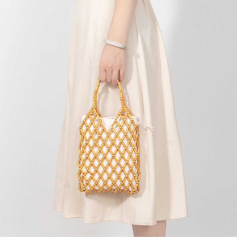 Handgewebte Netztasche mit hohlen Holzperlen | Spiritueller Schmuck