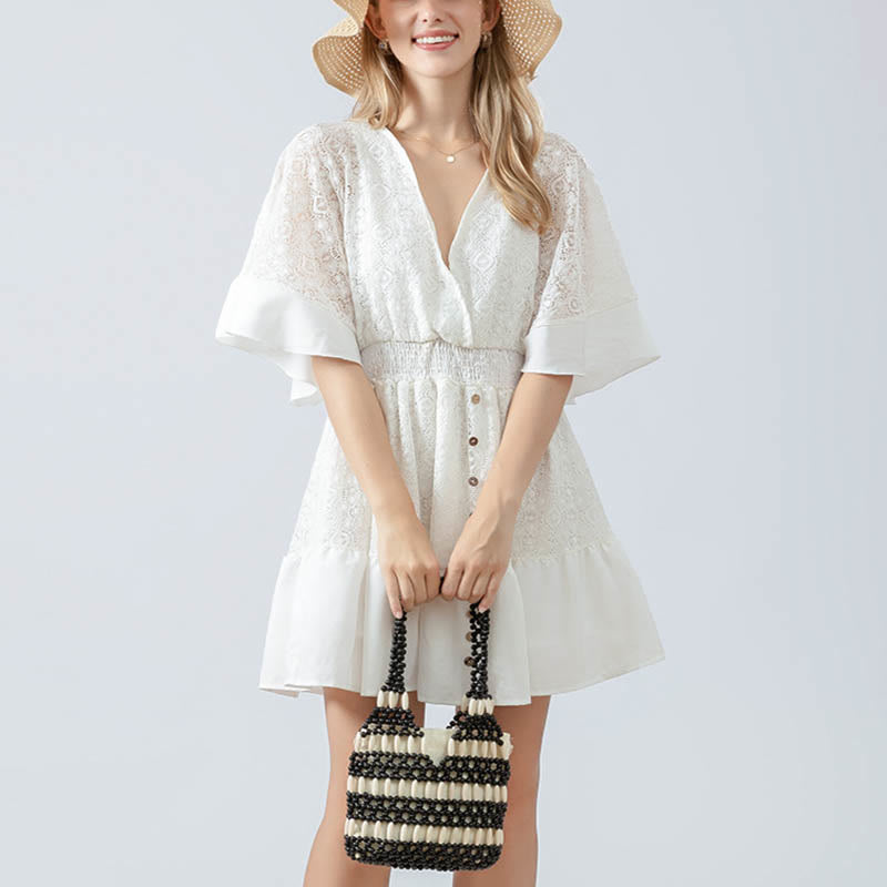 Handgewebte runde Umhängetasche aus Holzperlen | Spirituelles Accessoire