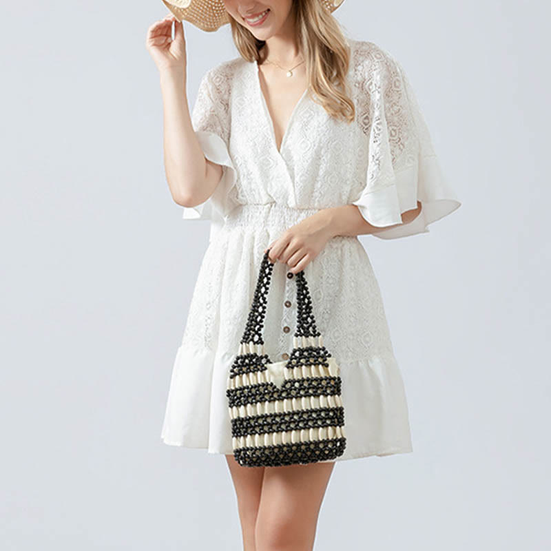 Handgewebte runde Umhängetasche aus Holzperlen | Spirituelles Accessoire