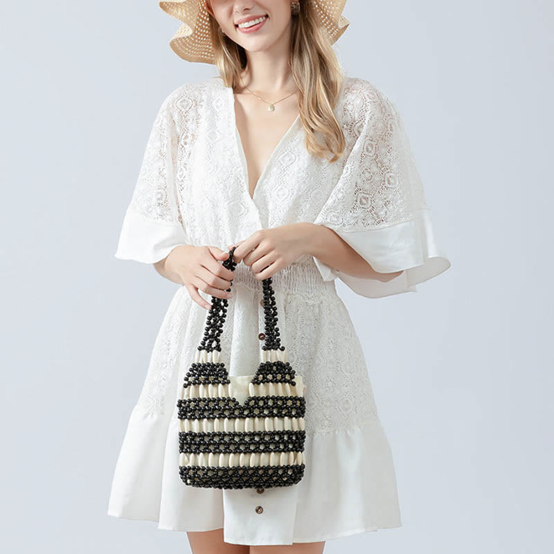 Handgewebte runde Umhängetasche aus Holzperlen | Spirituelles Accessoire