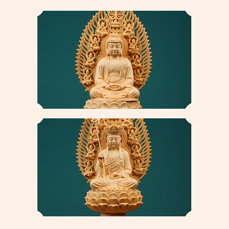 Handgefertigte Buddha-Statue aus Buchsbaumholz für die Erdungsdekoration zu Hause