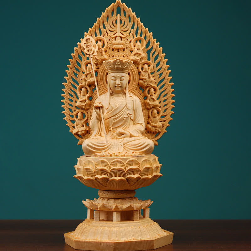Handgefertigte Buddha-Statue aus Buchsbaumholz für die Erdungsdekoration zu Hause