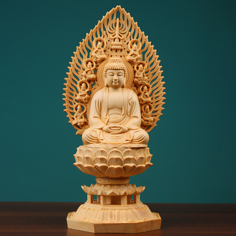 Handgefertigte Buddha-Statue aus Buchsbaumholz für die Erdungsdekoration zu Hause