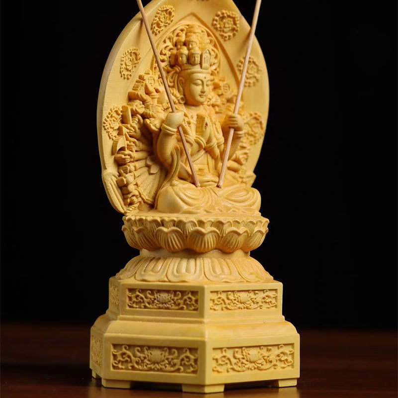 Handgefertigte Buchsbaum-Kwan-Yin-Statue, 20 cm, Avalokitesvara-Skulptur