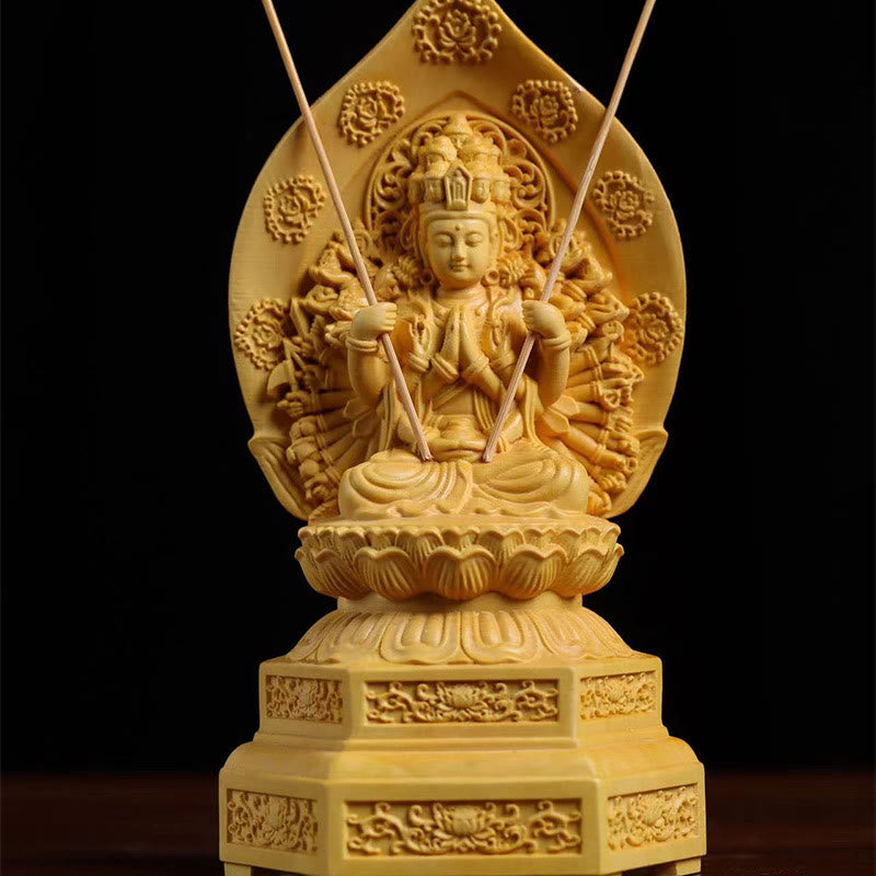 Handgefertigte Buchsbaum-Kwan-Yin-Statue, 20 cm, Avalokitesvara-Skulptur