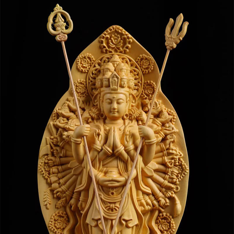 Handgefertigte Buchsbaum-Kwan-Yin-Statue, 20 cm, Avalokitesvara-Skulptur