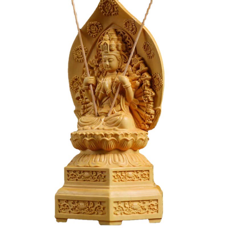 Handgefertigte Buchsbaum-Kwan-Yin-Statue, 20 cm, Avalokitesvara-Skulptur