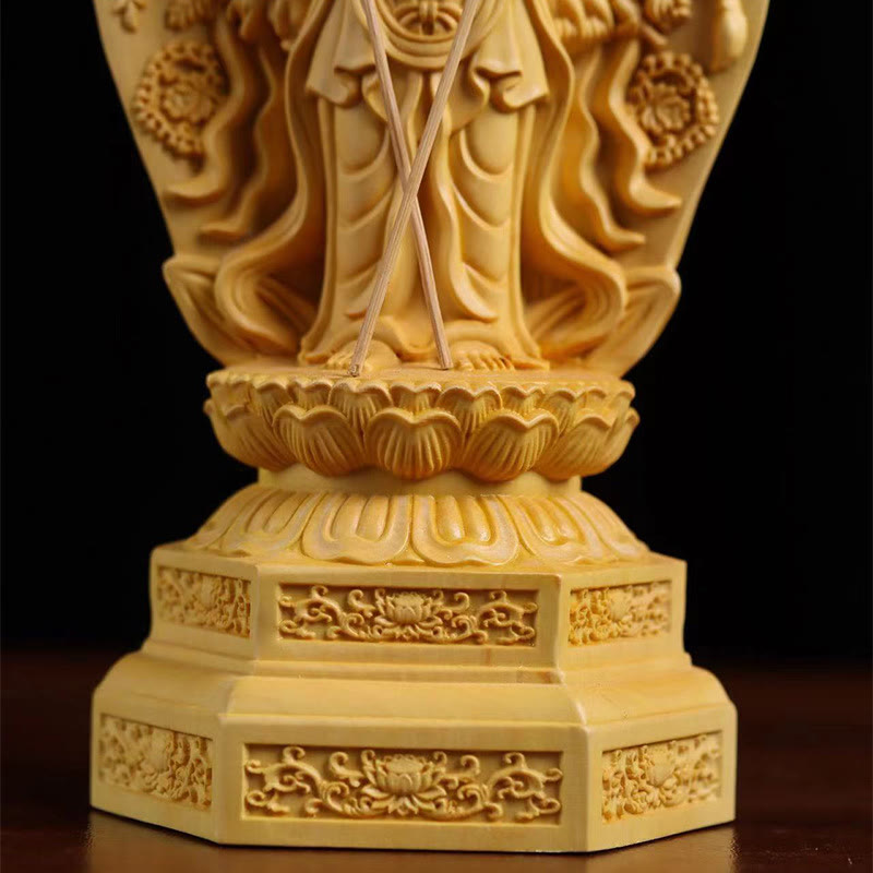 Handgefertigte Buchsbaum-Kwan-Yin-Statue, 20 cm, Avalokitesvara-Skulptur