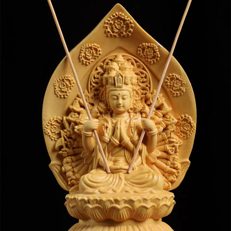 Handgefertigte Buchsbaum-Kwan-Yin-Statue, 20 cm, Avalokitesvara-Skulptur