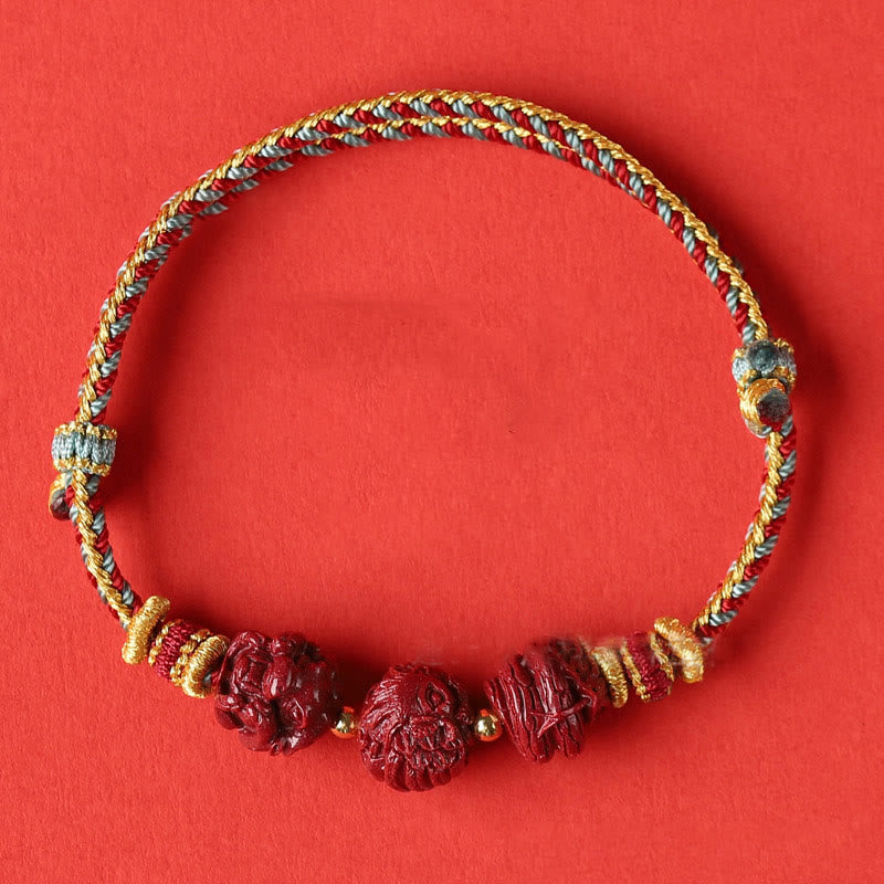 Handgefertigtes chinesisches Sternzeichen-Armband aus Zinnober mit dunkelrotem Segensband