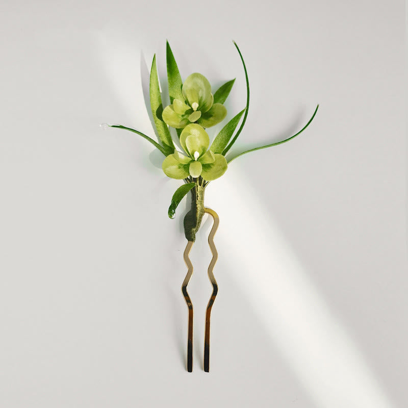 Handgemachte grüne Blumen Blätter Brosche Haarnadel Seide Handwerk