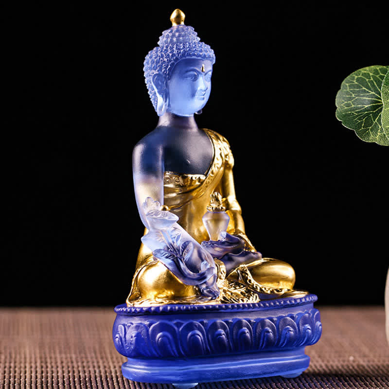 Handgefertigte Medizin-Buddha-Statue aus Liuli-Kristall, 13 cm