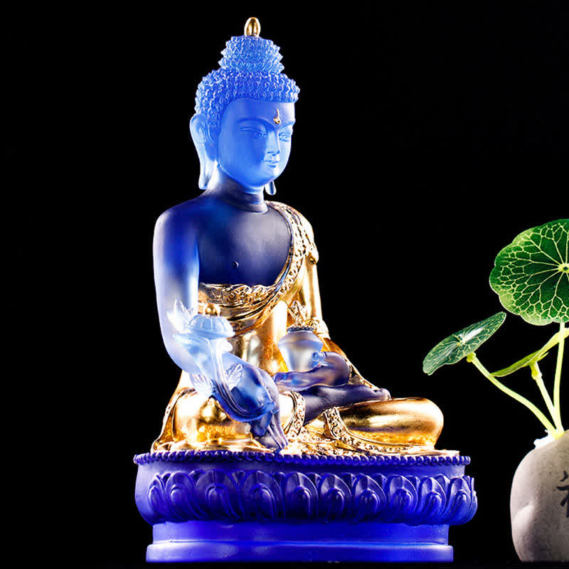 Handgefertigte Medizin-Buddha-Statue aus Liuli-Kristall, 13 cm