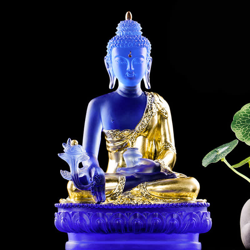 Handgefertigte Medizin-Buddha-Statue aus Liuli-Kristall, 13 cm