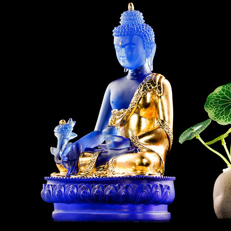 Handgefertigte Medizin-Buddha-Statue aus Liuli-Kristall, 13 cm