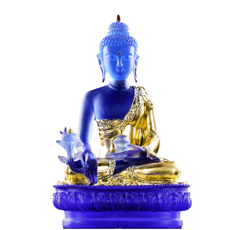 Handgefertigte Medizin-Buddha-Statue aus Liuli-Kristall, 13 cm