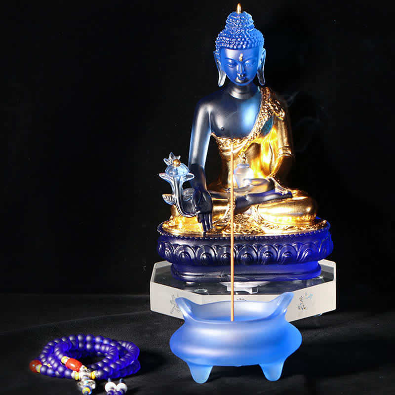 Handgefertigte Medizin-Buddha-Statue aus Liuli-Kristall, 13 cm