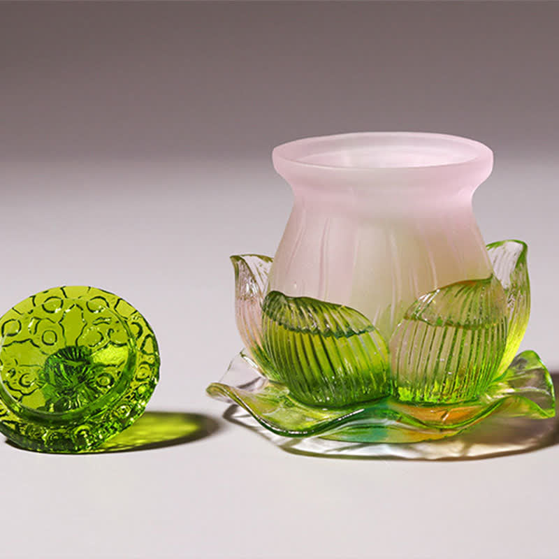 Handgefertigtes Liuli Feng Shui Lotus Kristall Kunstwerk