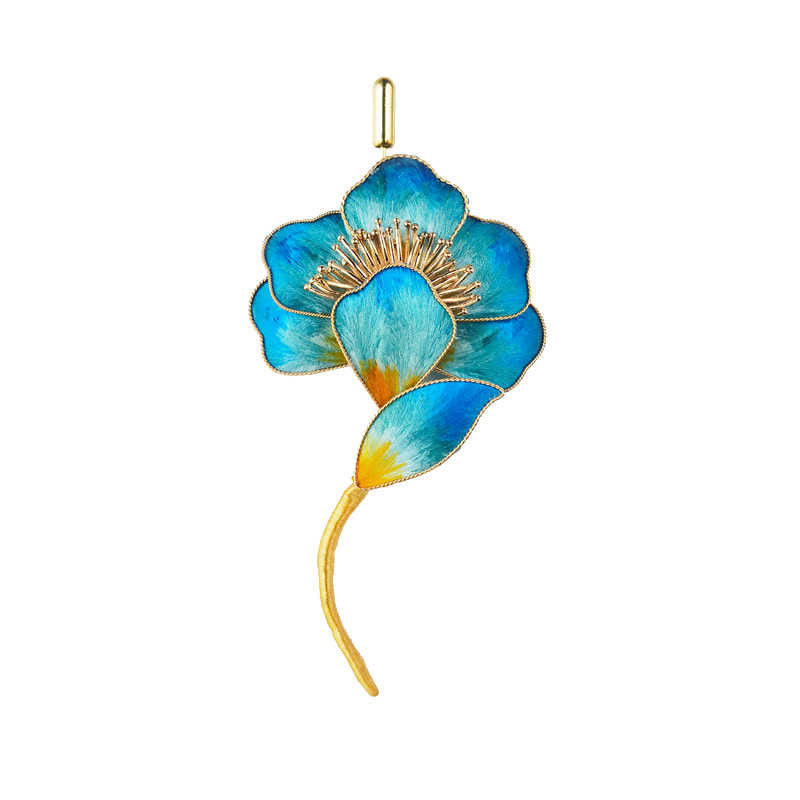 Handgefertigte blaue Blumenbrosche aus Maulbeerseide für spirituelles Wachstum