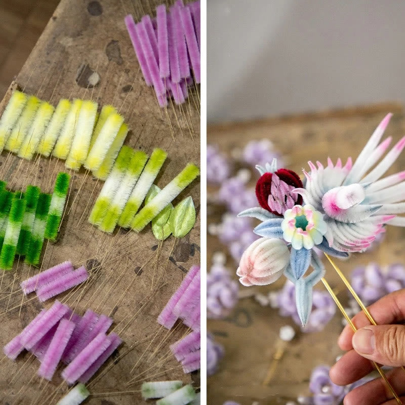 Handgefertigte Yangzhou-Brosche aus Samtblume und Maulbeerseide mit Pfirsichblüte