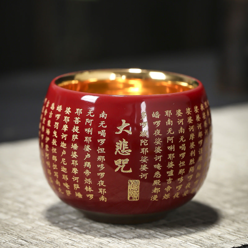 Herz-Sutra-Meditations-Teetasse aus Keramik, 130 ml, Rot oder Blau