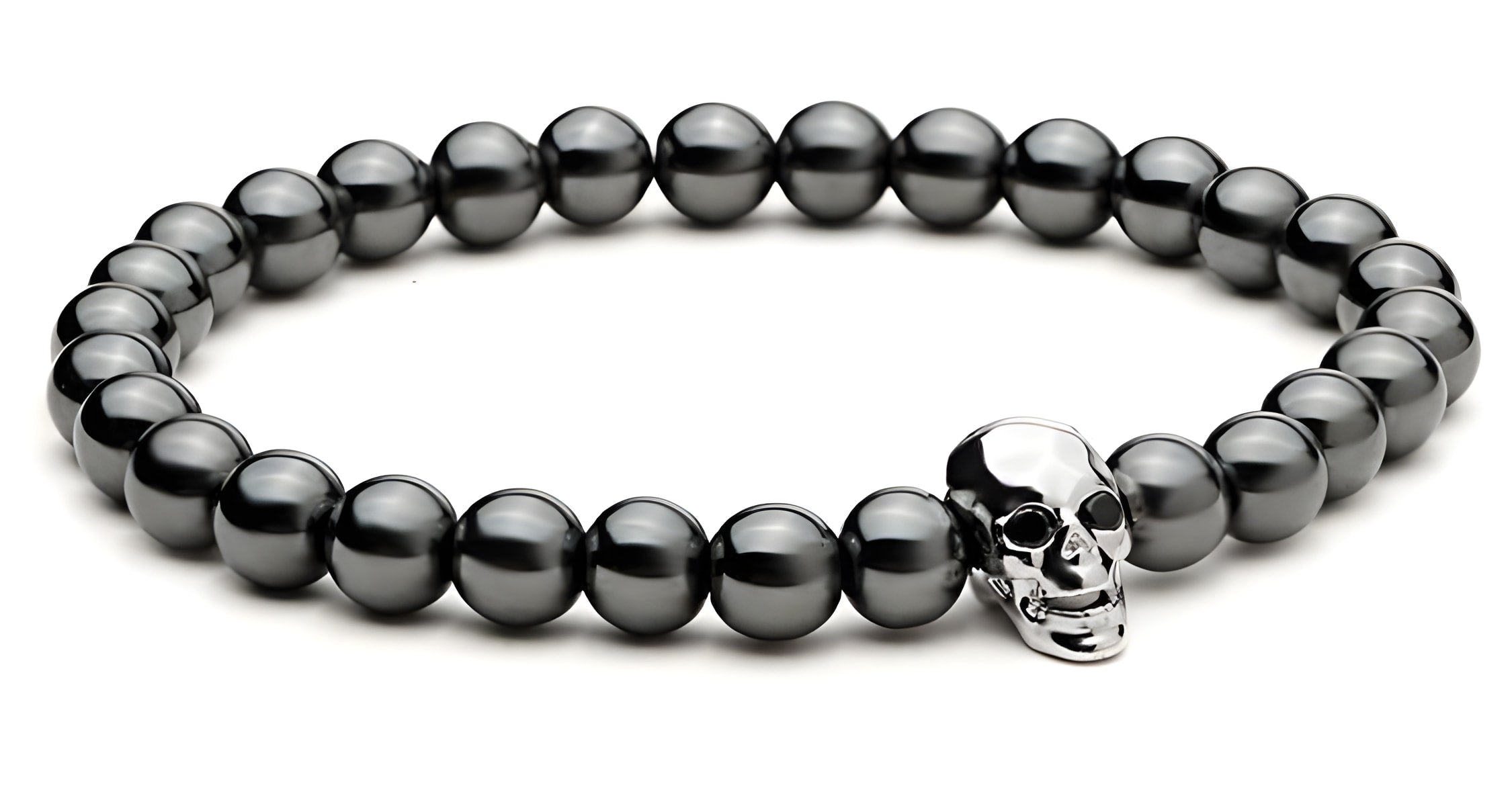 Hämatit-Totenkopf-Armband mit schwarzen Zirkonia-Augen