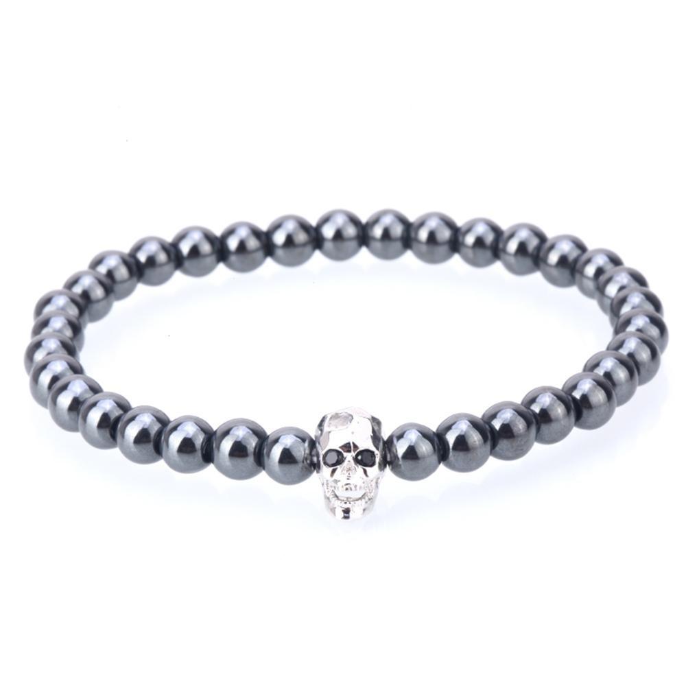 Hämatit-Totenkopf-Armband mit schwarzen Zirkonia-Augen