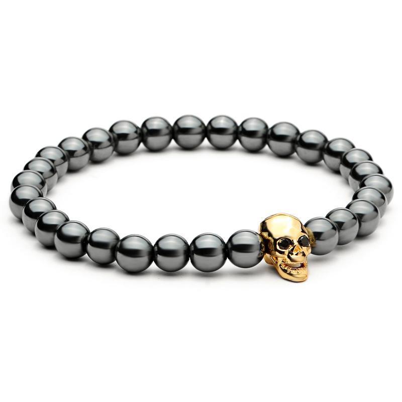 Hämatit-Totenkopf-Armband mit schwarzen Zirkonia-Augen