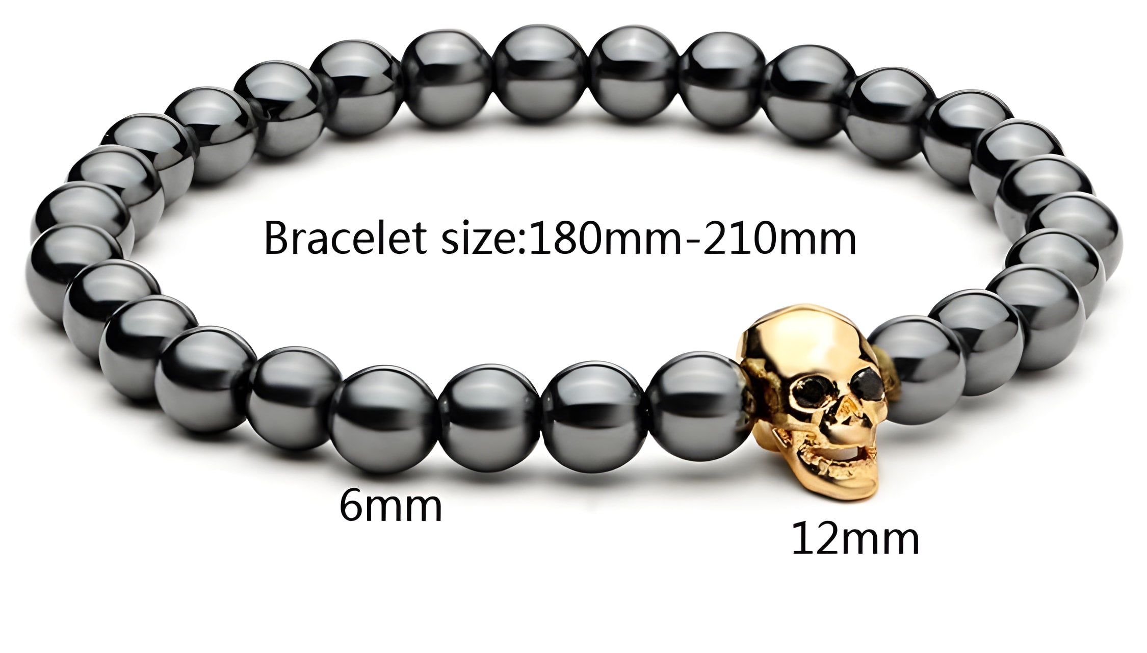 Hämatit-Totenkopf-Armband mit schwarzen Zirkonia-Augen