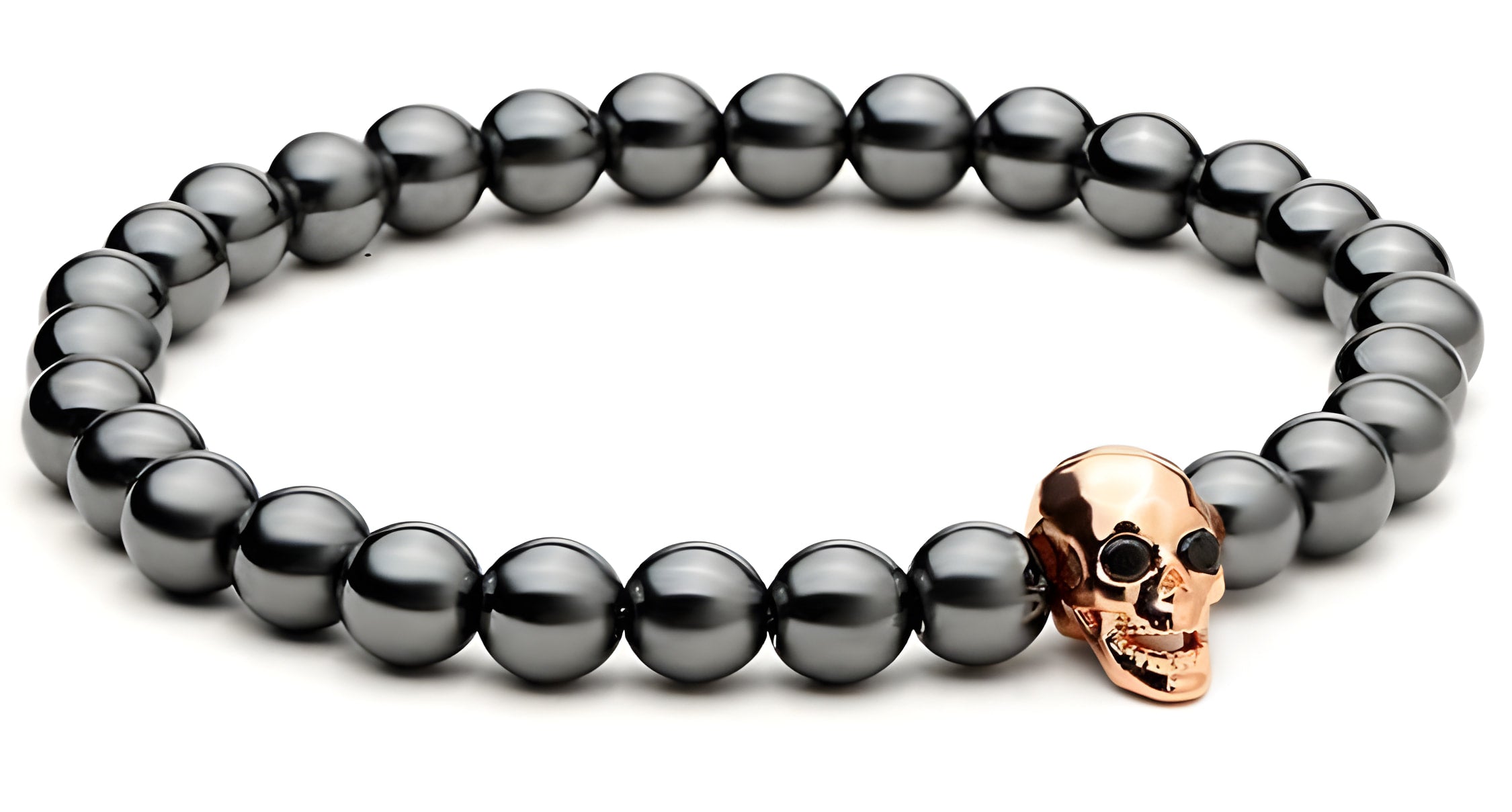 Hämatit-Totenkopf-Armband mit schwarzen Zirkonia-Augen