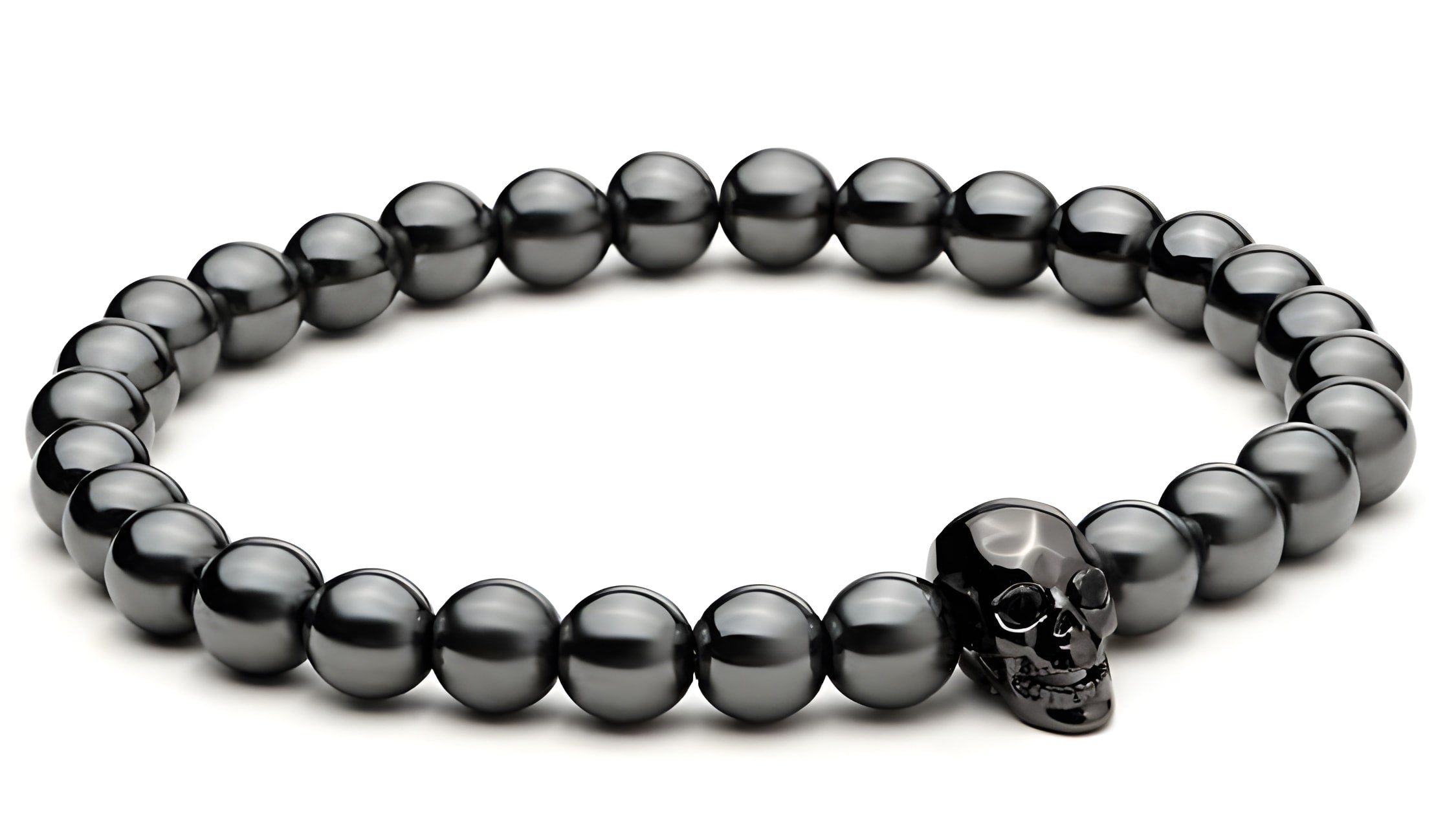 Hämatit-Totenkopf-Armband mit schwarzen Zirkonia-Augen