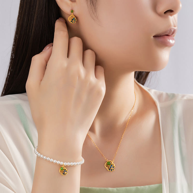 Hetian Cyan Jade Vierblättriges Kleeblatt Schmuckset | Heilende Klänge