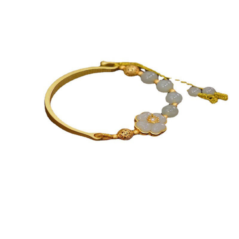 Hetian Jade 925 Sterling Silber Glücksblumen-Manschettenarmband