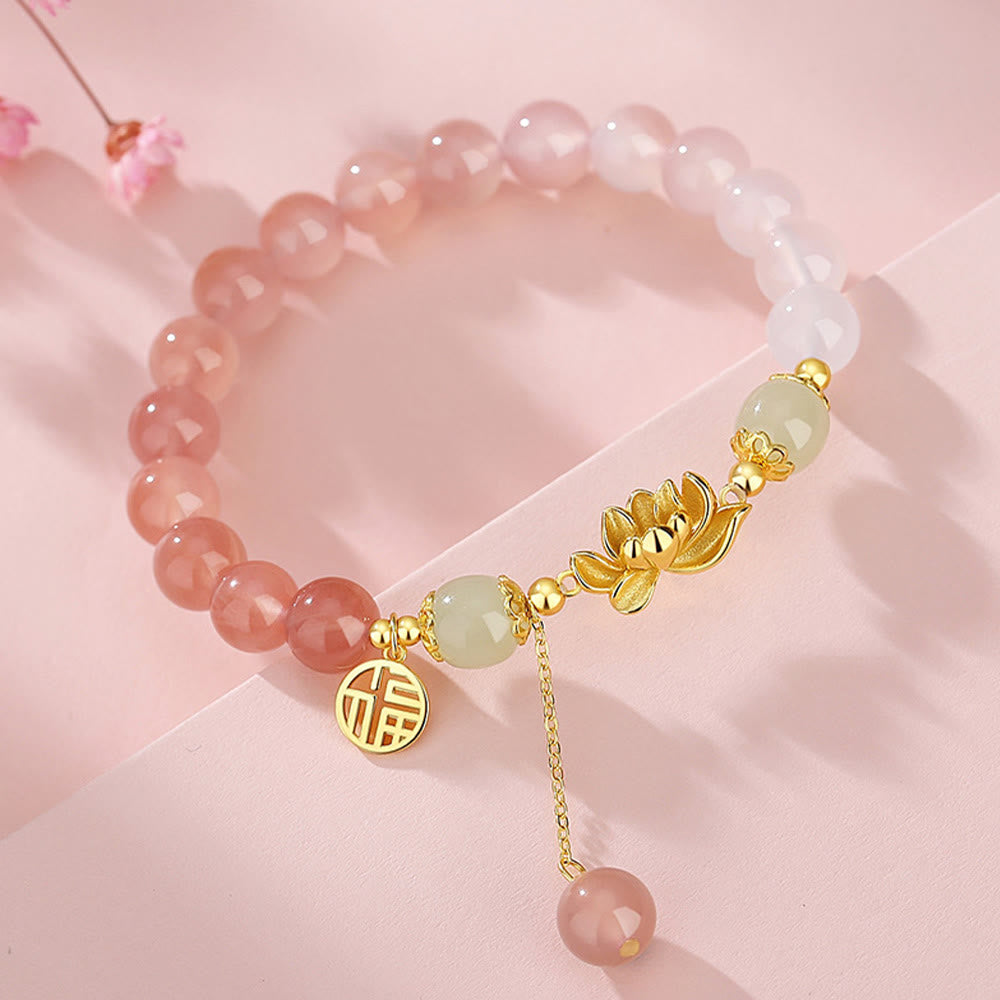 Hetian Jade Armband mit Achat &amp; Lotus Symbolen des Glücks