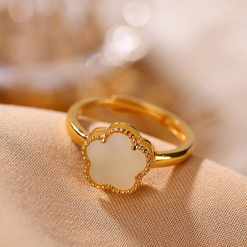 Hetian Jade Blumen-Halskette und Ring-Set aus Sterlingsilber, vergoldet für Glück