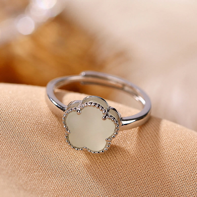 Hetian Jade Blumen-Halskette und Ring-Set aus Sterlingsilber, vergoldet für Glück