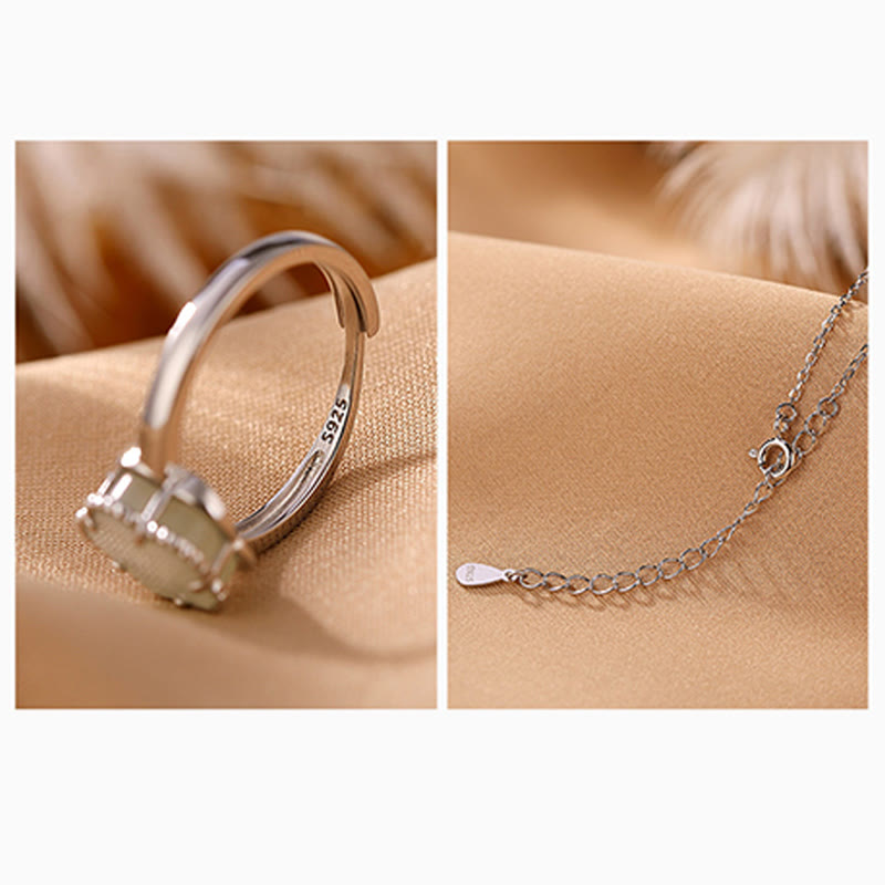 Hetian Jade Blumen-Halskette und Ring-Set aus Sterlingsilber, vergoldet für Glück